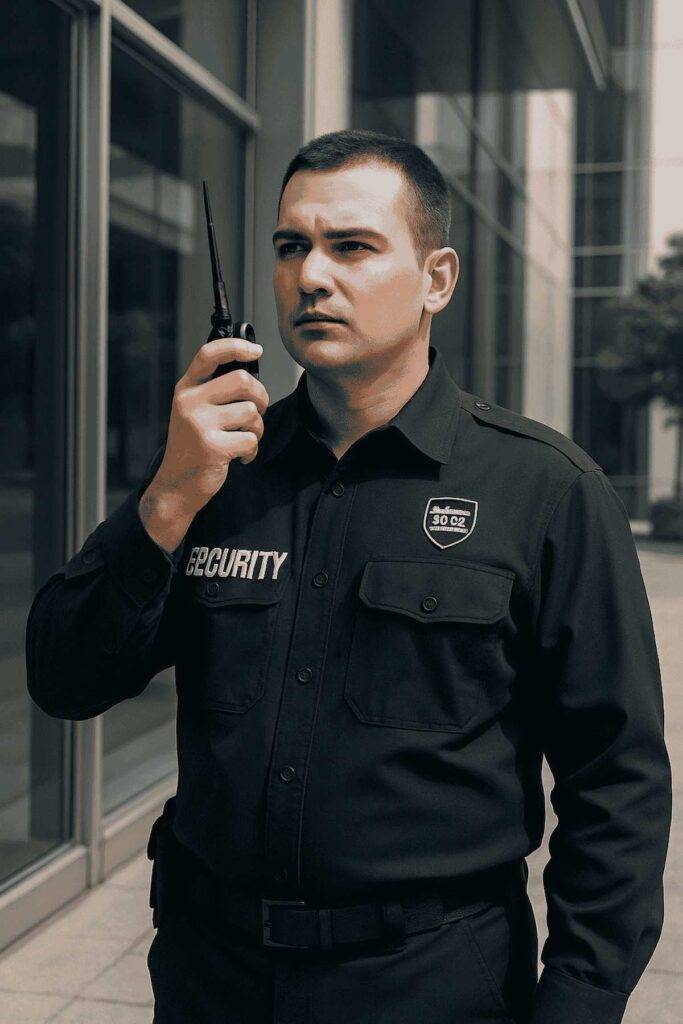 Professional security guard protecting business premises